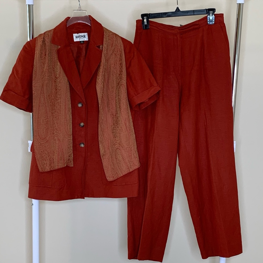 Orange 3 piece Kasper Pantsuit w/ Orange and gold scarf